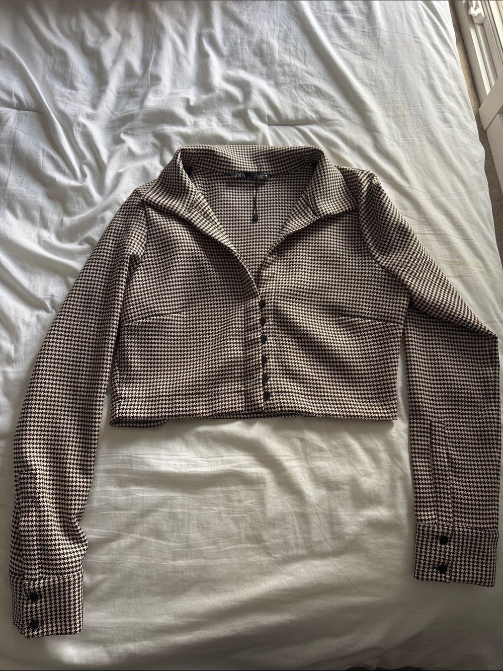 Zara Cropped Houndstooth Button-Down Top - Brown & Black